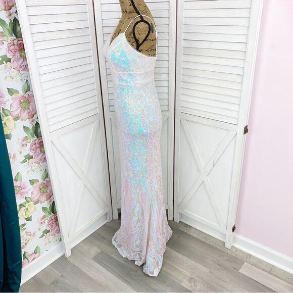Jules & Cleo Iridescent Sequin Mermaid Sheath Maxi Dress White Juniors 2 - Picture 3 of 16